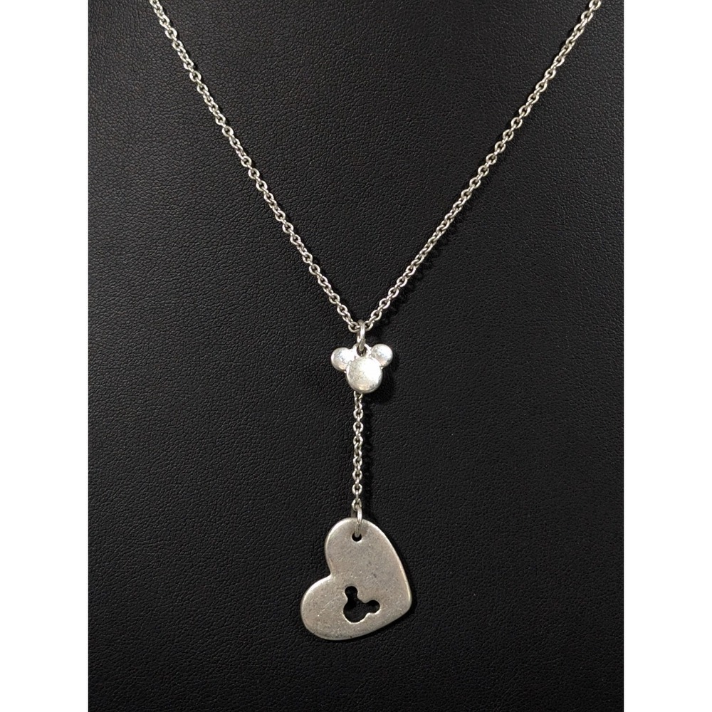 Silver Tone Mickey Mouse Ears Heart Faux Lariat Y-Drop Necklace‎ 17 in